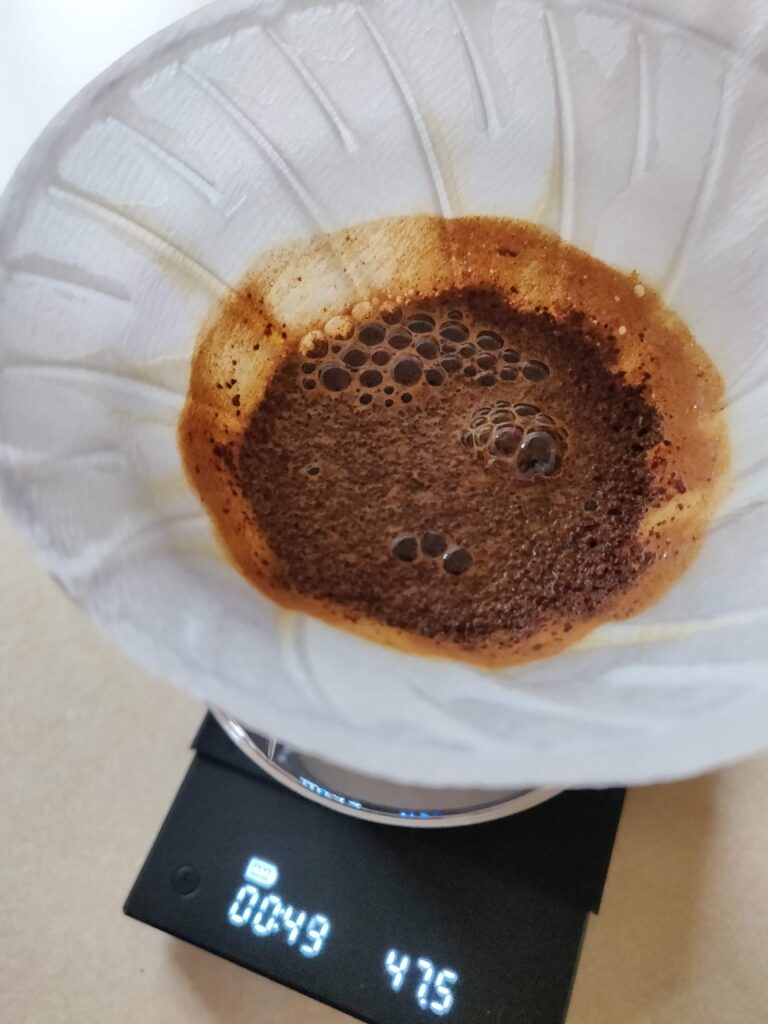 Bubbles form in a V60 pourover.