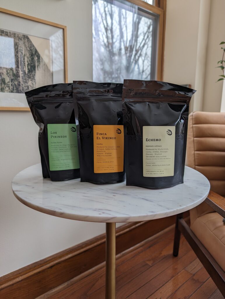 Three bags of coffee from roaster Tim Wendelboe.