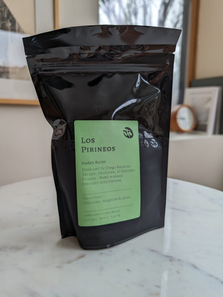 A coffee bag from roaster Tim Wendelboe.